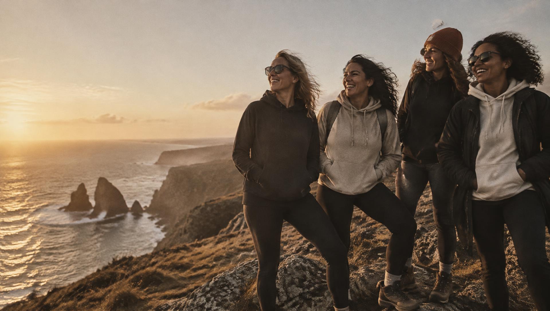 Women from the She Who Dares Wins community on a clifftop at sunset
